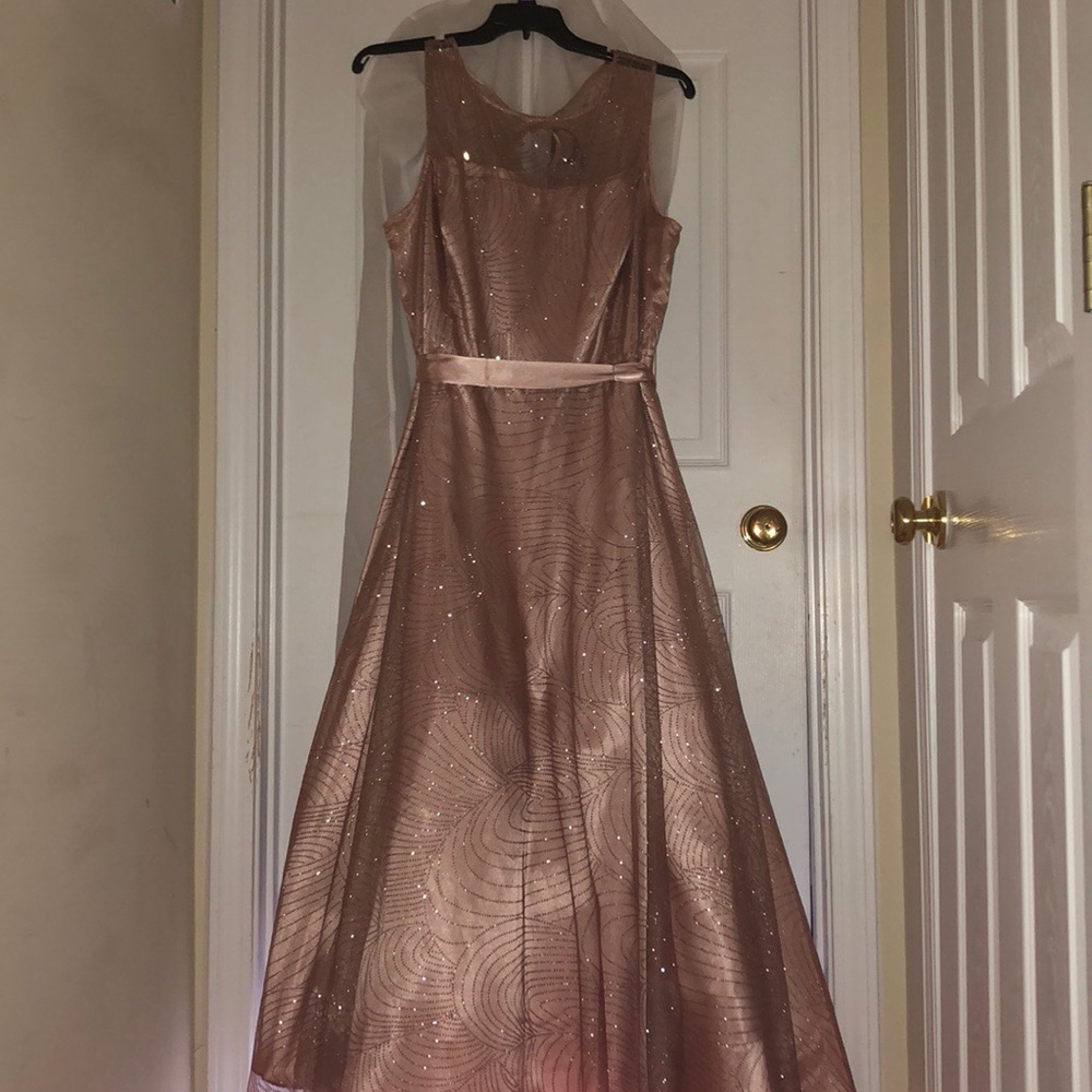 Plus size sparkle rose gold prom dress.